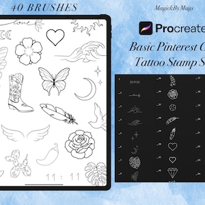 May include: A digital art set displayed on a tablet, featuring 40 brushes for Procreate. The set includes various line art designs such as butterflies, flowers, a cowboy boot, and the text "Basic Pinterest Girl Tattoo Stamp Set."