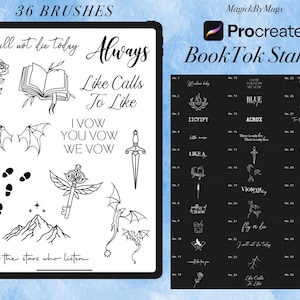 May include: A digital art set featuring 36 brushes and BookTok stamps for Procreate. The black and white illustrations include phrases like "I will not die today" and "Always," along with various symbols and designs, such as wings, a key, and a rose.