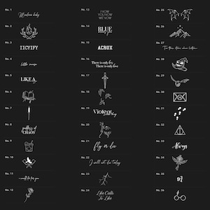 May include: A collection of 36 minimalist black and white illustrations, each numbered, featuring various designs including text, symbols, and imagery. The designs include text such as "Modern baby", "IICYIFY", and "ACRUX".
