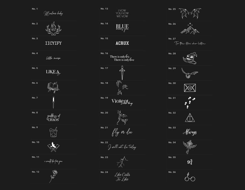 May include: A collection of 36 minimalist black and white illustrations, each numbered, featuring various designs including text, symbols, and imagery. The designs include text such as "Modern baby", "IICYIFY", and "ACRUX".
