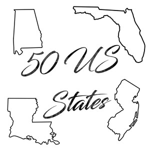May include: Outline drawings of the states of Alabama, Florida, Louisiana, and New Jersey. The text "50 US States" is written in a stylized font.