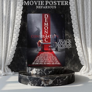 May include: A rectangular movie poster titled Nefarious: Demonic Consultation. The artwork features a person in an orange jumpsuit sitting at a table across from a person in a suit, with a large shadow of a horned figure and red text instructions.