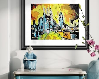 May include: A framed art print depicting a stylized cityscape with a bridge, rendered in vibrant yellow, orange, and blue hues. The artwork is displayed above a blue dresser with a marble top, complemented by a decorative figurine and a vase with pink flowers.