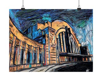May include: An abstract art print of a building with a unique architectural design. The artwork features a color palette of blues, oranges, and blacks, with visible brushstrokes. The print is suspended by a black clip.