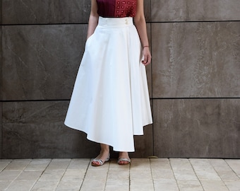 Asymmetrical White Cotton Skirt: Retro Pearl Button Closure