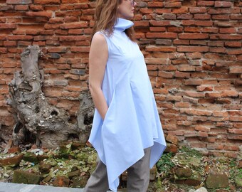 Light blue top/ cotton summer top/ collared blouse/ sleveless top/ street style top/ urban top/ over the hips