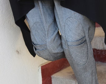 Linen Drop Crotch Harem Pants: Gray Pockets