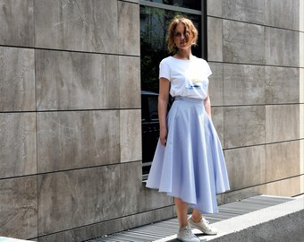 Striped Cotton Asymmetric Wrap Skirt: Blue & White Summer Cloche