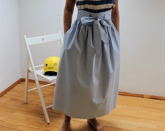 Blue Striped Midi Skirt: High Waisted Summer Skirt with Pockets