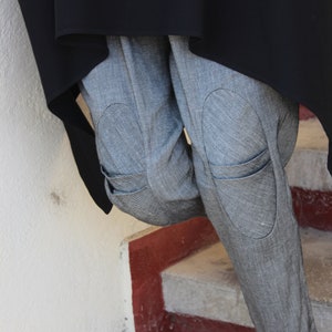Linen Drop Crotch Harem Pants: Gray Pockets