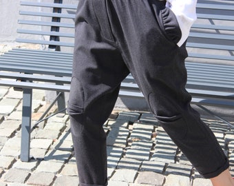 Grey Wool Harem Pants: Oversized Drop Crotch Urban Style