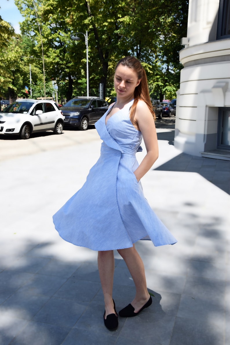 Blue cotton dress / Cotton dress with straps / Dress with straps / Pockets dress / Pockets cotton dress / Summer cotton dress / cotton dress image 5