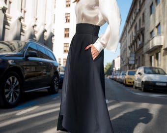 High Waist Asymmetrical Skirt: Viscose Wool Blend Event Skirt