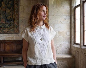 Linen Blouse Women/ V Insert Cotton Detail/ Natural Linen Top/ Minimalist Summer Blouse/ Casual Elegant Shirt/ Made in Europe