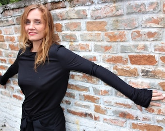 Black Cotton Blend Top: Harlequin Thumb Hole Blouse