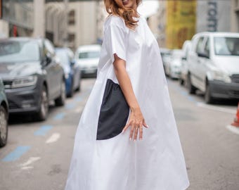 Cotton Summer Dress: Black & White, Long, With Pockets