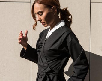 Black and White Cotton Wrap Dress: Japanese Style Collar