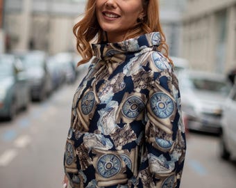 Mulberry Silk Blouse: Blue Compass Print, Elegant Collared Top