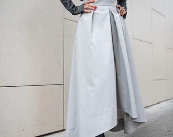 High Waisted Gray Cotton Skirt: Long Pleated Spring Fall Skirt