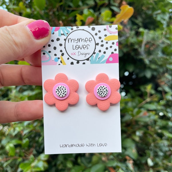 2.5cm Daisy STUDS- orange -   Polymer clay  Dangles             Mymee loves designs