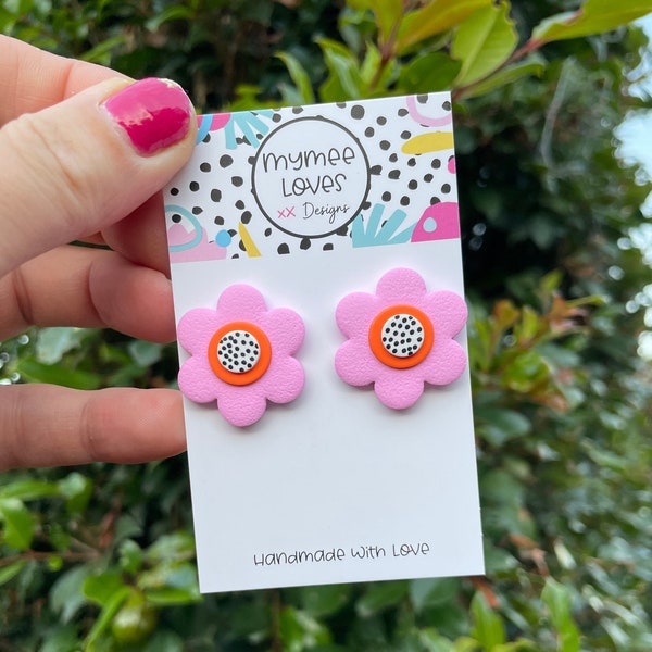 2.5cm Daisy STUDS Pink and Orange-   Polymer clay  Dangles             Mymee loves designs