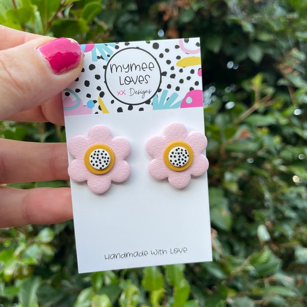 2.5cm Daisy STUDS-Light Pink/Mustard--   Polymer clay  Dangles             Mymee loves designs