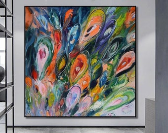May include: Abstract painting with a colorful, swirling design. The painting features a variety of colors, including blue, green, orange, and pink. The colors are blended together to create a dynamic and energetic effect.