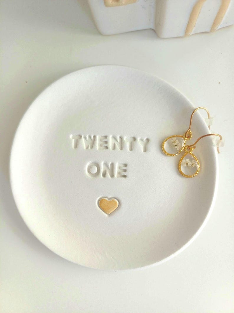 21st Birthday Clay Trinket Dish, Embossed Heart, twenty one milestone, handmade tray image 9