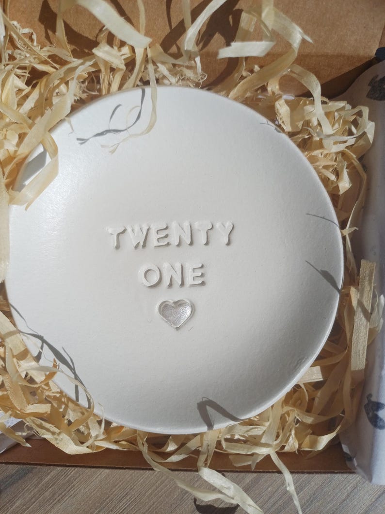 21st Birthday Clay Trinket Dish, Embossed Heart, twenty one milestone, handmade tray image 5