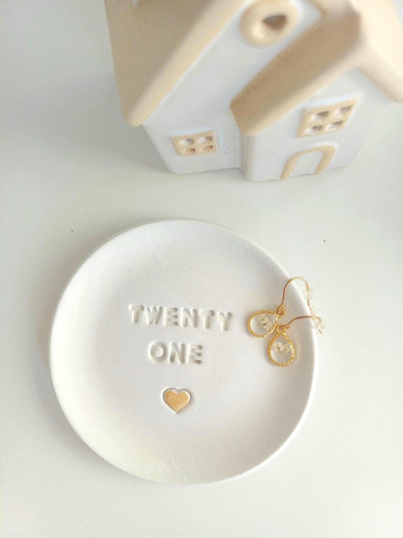 21st Birthday Clay Trinket Dish, Embossed Heart, twenty one milestone, handmade tray image 12