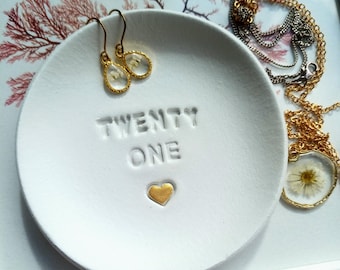 21st Birthday Clay Trinket Dish, Embossed Heart, twenty one milestone, handmade tray