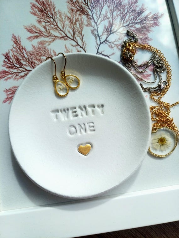 21st Birthday Clay Trinket Dish, Embossed Heart, twenty one milestone, handmade tray