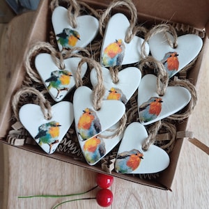 Handmade Robin Clay Heart Gift Tags: Remembrance Favors, funeral keepsake