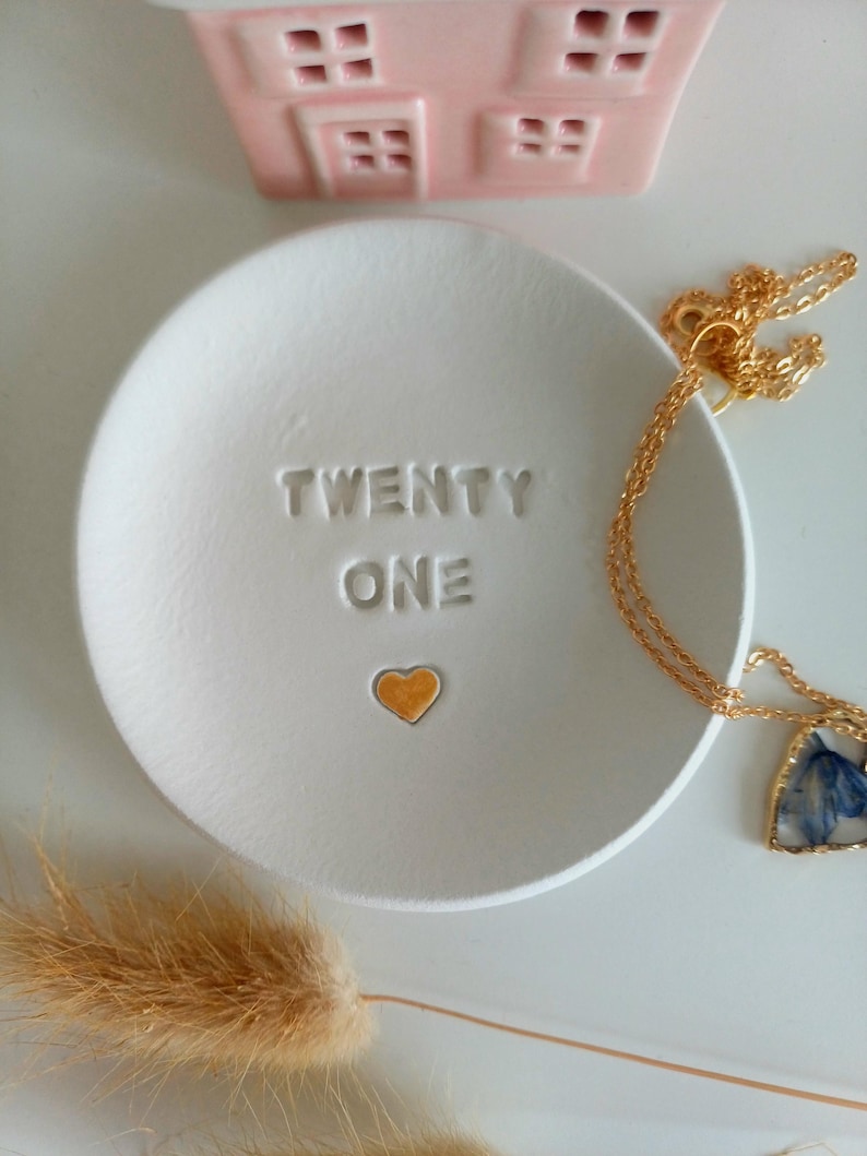 21st Birthday Clay Trinket Dish, Embossed Heart, twenty one milestone, handmade tray image 11