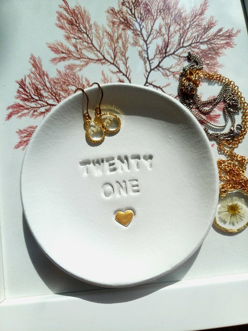 21st Birthday Clay Trinket Dish, Embossed Heart, twenty one milestone, handmade tray image 3