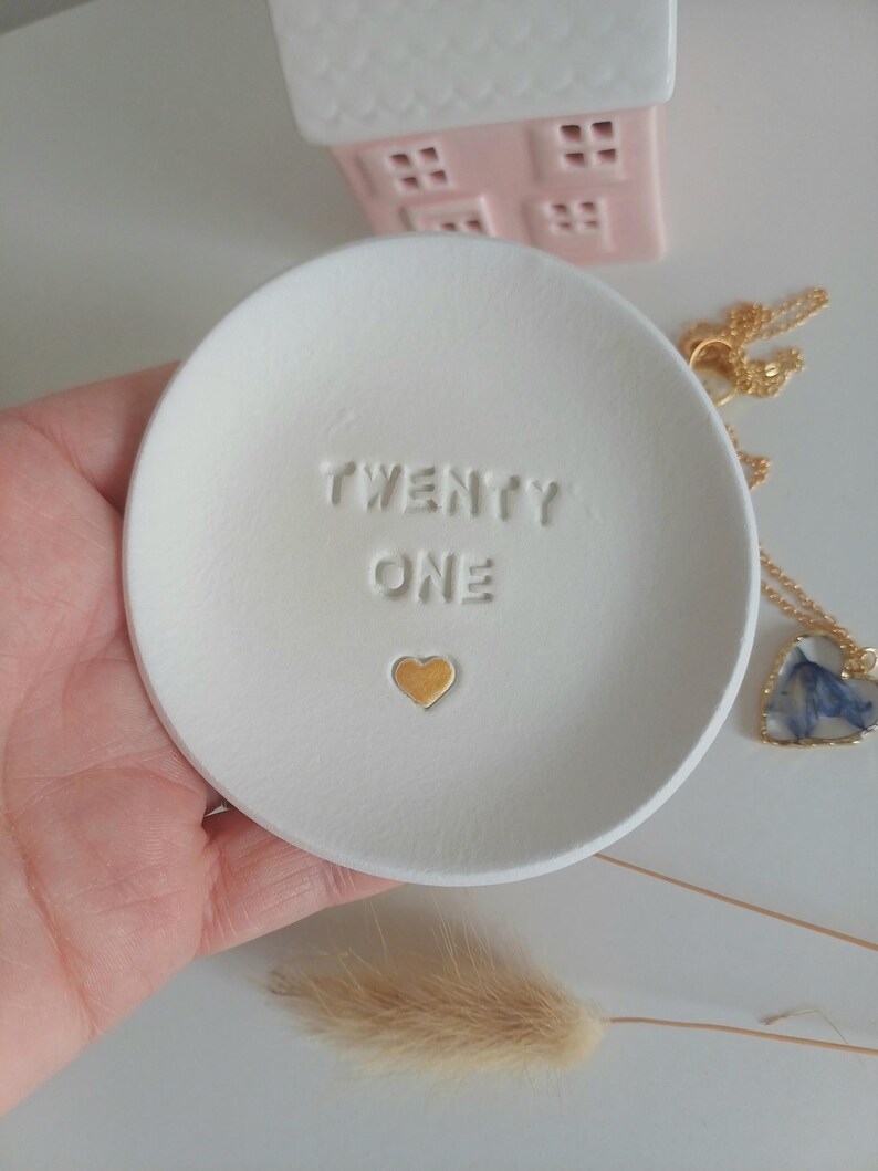 21st Birthday Clay Trinket Dish, Embossed Heart, twenty one milestone, handmade tray image 8