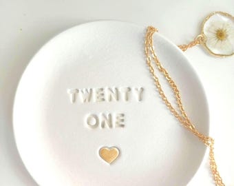 21st Birthday Clay Trinket Dish, Embossed Heart, twenty one milestone, handmade tray