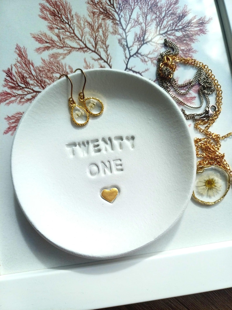 21st Birthday Clay Trinket Dish, Embossed Heart, twenty one milestone, handmade tray image 2