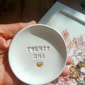 21st Birthday Clay Trinket Dish, Embossed Heart, twenty one milestone, handmade tray image 4