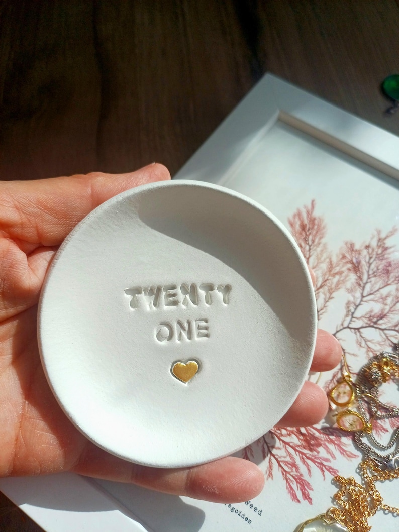 21st Birthday Clay Trinket Dish, Embossed Heart, twenty one milestone, handmade tray image 4