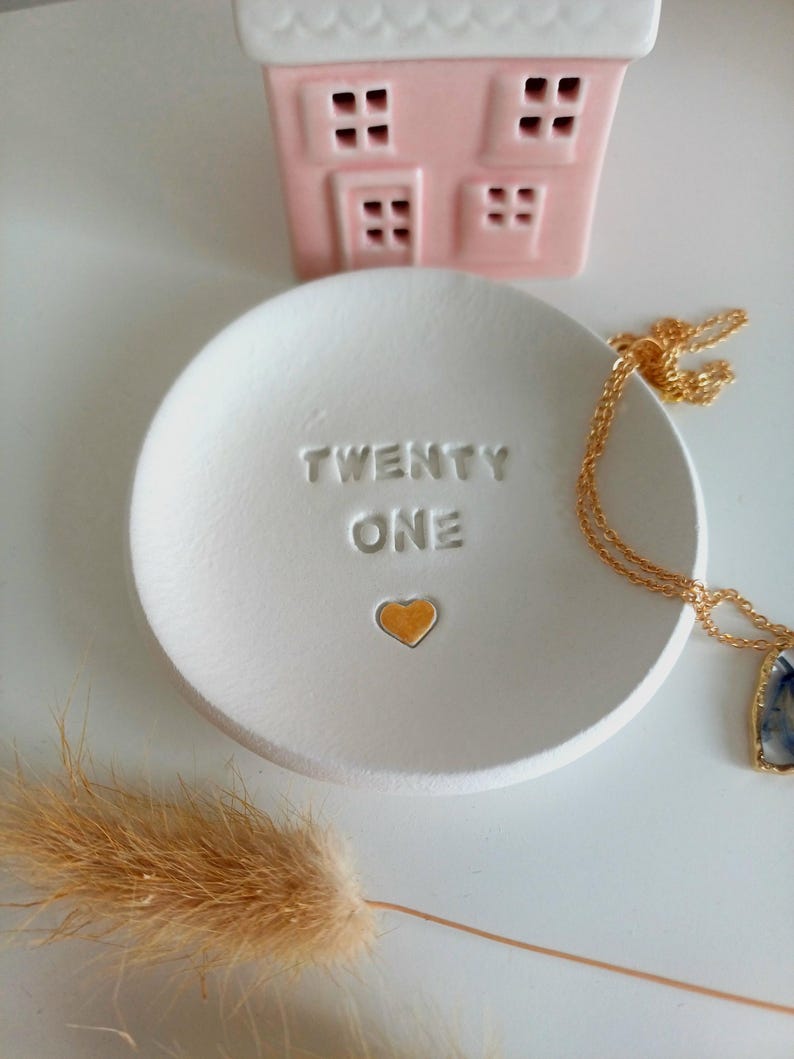 21st Birthday Clay Trinket Dish, Embossed Heart, twenty one milestone, handmade tray image 6