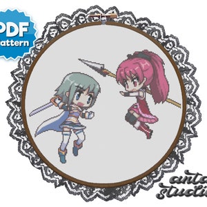 Puella Magi Madoka Magica Kyoko Sakura vs Sayaka Miki Cross Stitch Pattern (Instant Download PDF)
