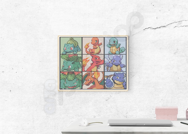 Color PDF Bulbasaur, Squirtle, Charmander Custom Gaming Cross Stitch Pattern Pokemon Generation 1 Starter Evolutions