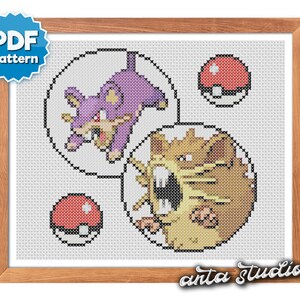 May include: Cross stitch pattern featuring two Pokemon characters, a purple Rhydon and a brown Sandslash, each inside a circle. Two red Pokeballs are also included in the design.
