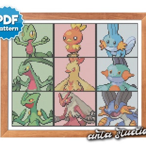 May include: A cross-stitch pattern featuring nine different Pokemon characters, including Bulbasaur, Charmander, Squirtle, and their evolutions. The pattern is in a grid format with each Pokemon in its own square. The colours are bright and vibrant, and the pattern is perfect for any Pokemon fan.