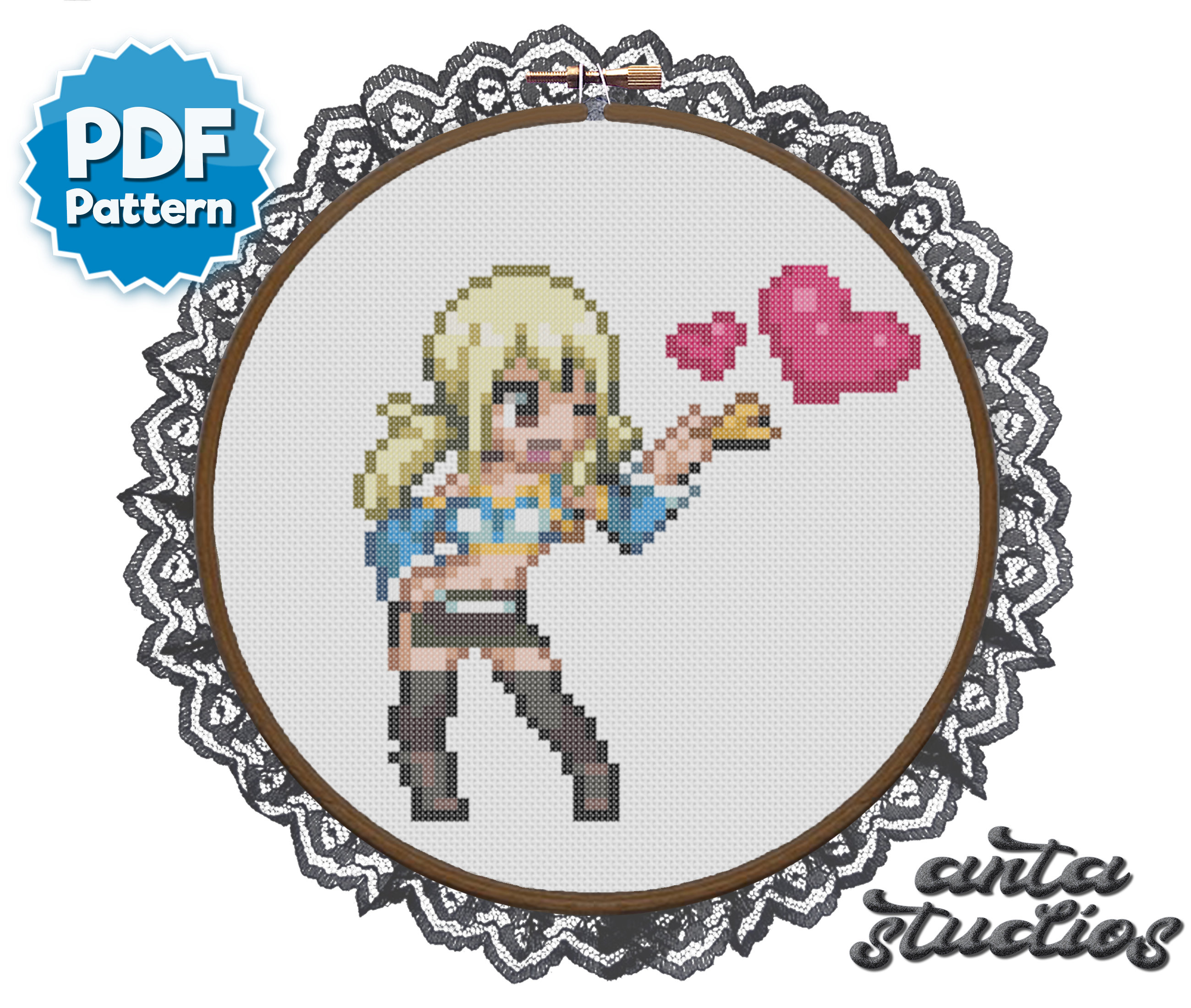 Fairy Tail Lucy Heartfilia with Hearts Anime Cross Stitch Pattern (Instant Download PDF)