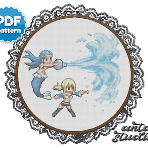 Fairy Tail Cross Stitch Pattern - Modern Anime Cross Stitch - Lucy and Aquarius Cross Stitch (Instant Download PDF)