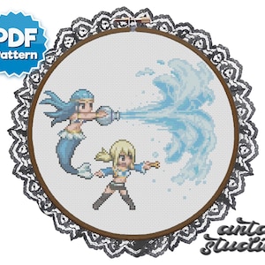Patrón Punto de Cruz Fairy Tail - Punto de Cruz Anime Moderno - Punto de Cruz Lucy y Acuario (Descarga Instantánea PDF)
