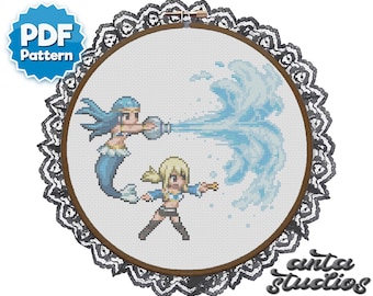 Fairy Tail Cross Stitch Pattern - Modern Anime Cross Stitch - Lucy and Aquarius Cross Stitch (Instant Download PDF)