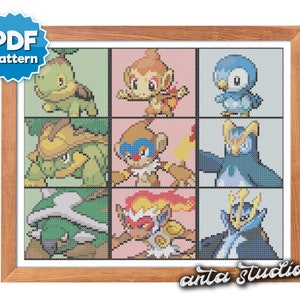Pokemon Generation 4 Starter Evolutions (Turtwig, Chimchar, Piplup) Custom Gaming Cross Stitch Pattern (Instant Download PDF)